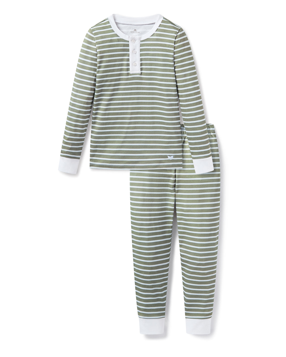 Front view of Kids Pima Snug Fit Pajama Set in Sage Stripe showcasing long sleeves and white cuffs with white background