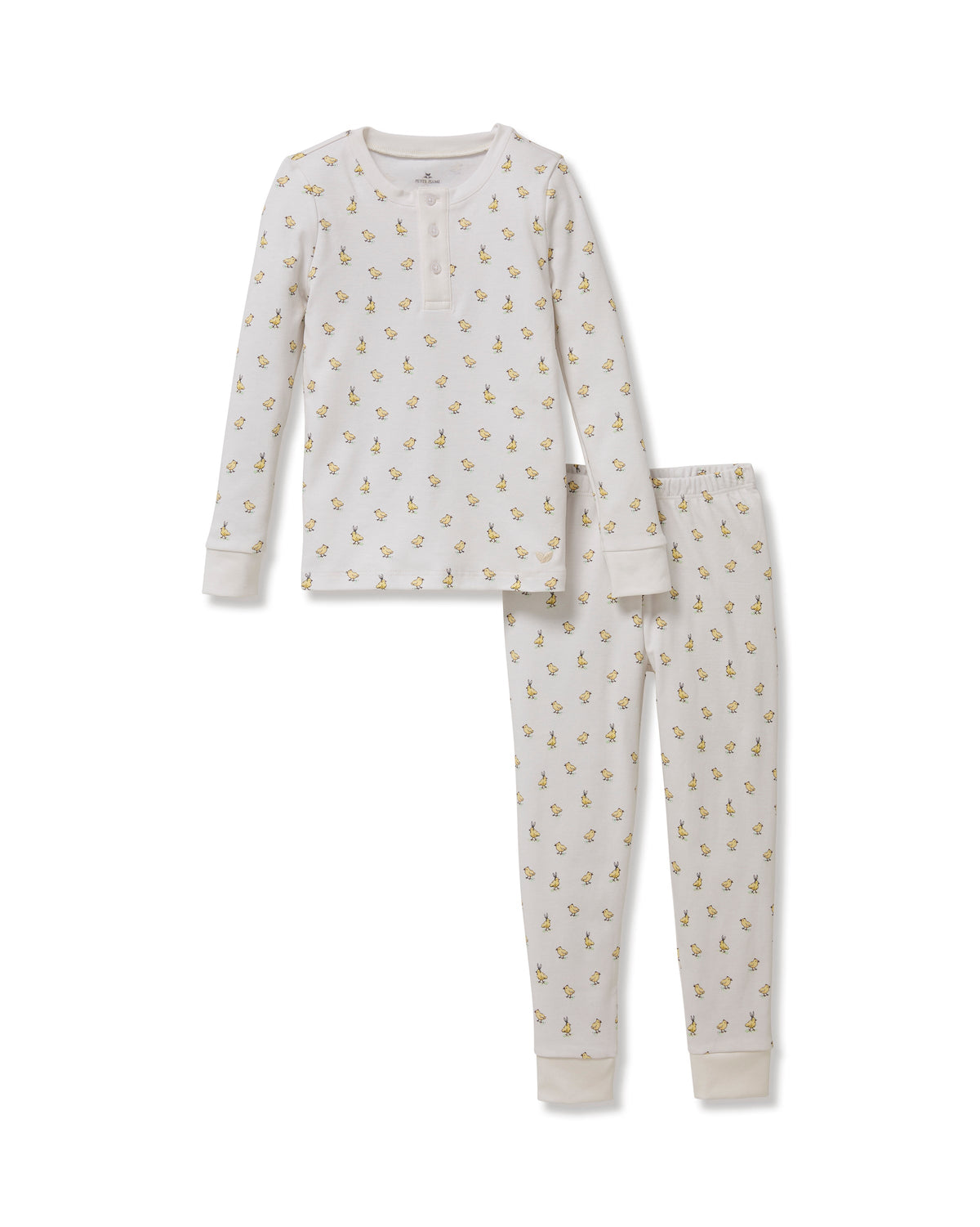Front view of Kid’s Pima Snug Fit Pajama Set in Très Chick with chick print, long sleeves, and cuffed pants
