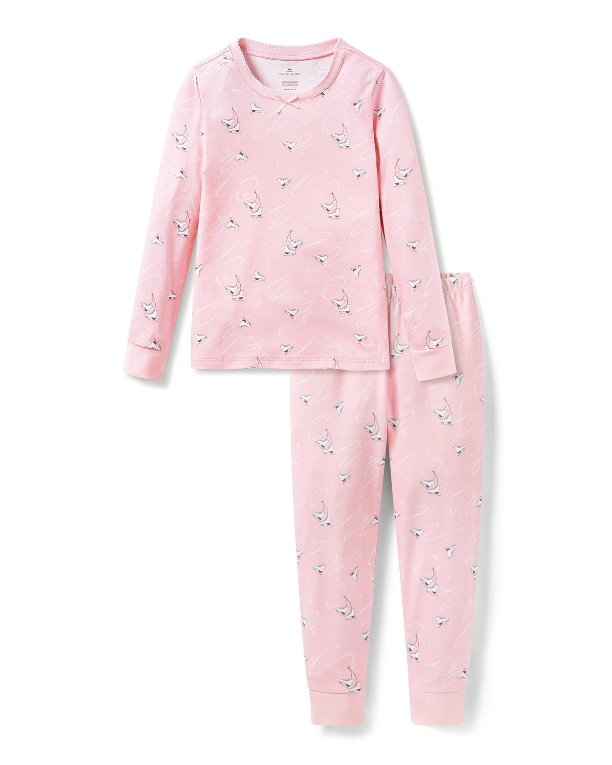 Front view of Kid’s Pima Snug Fit Pajama Set in Winter Skates showing pink fabric with white skate print, white background