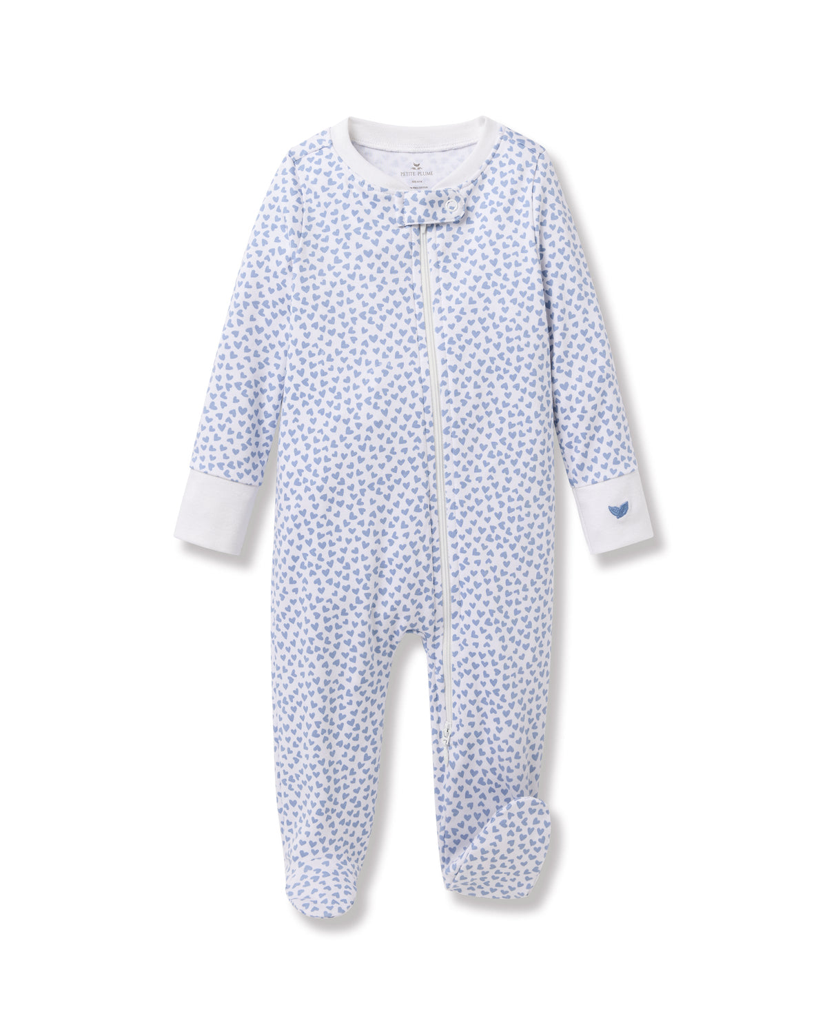 Front view of Baby’s Pima Romper in Bluehearts showcasing a blue heart print and long sleeves on a white background