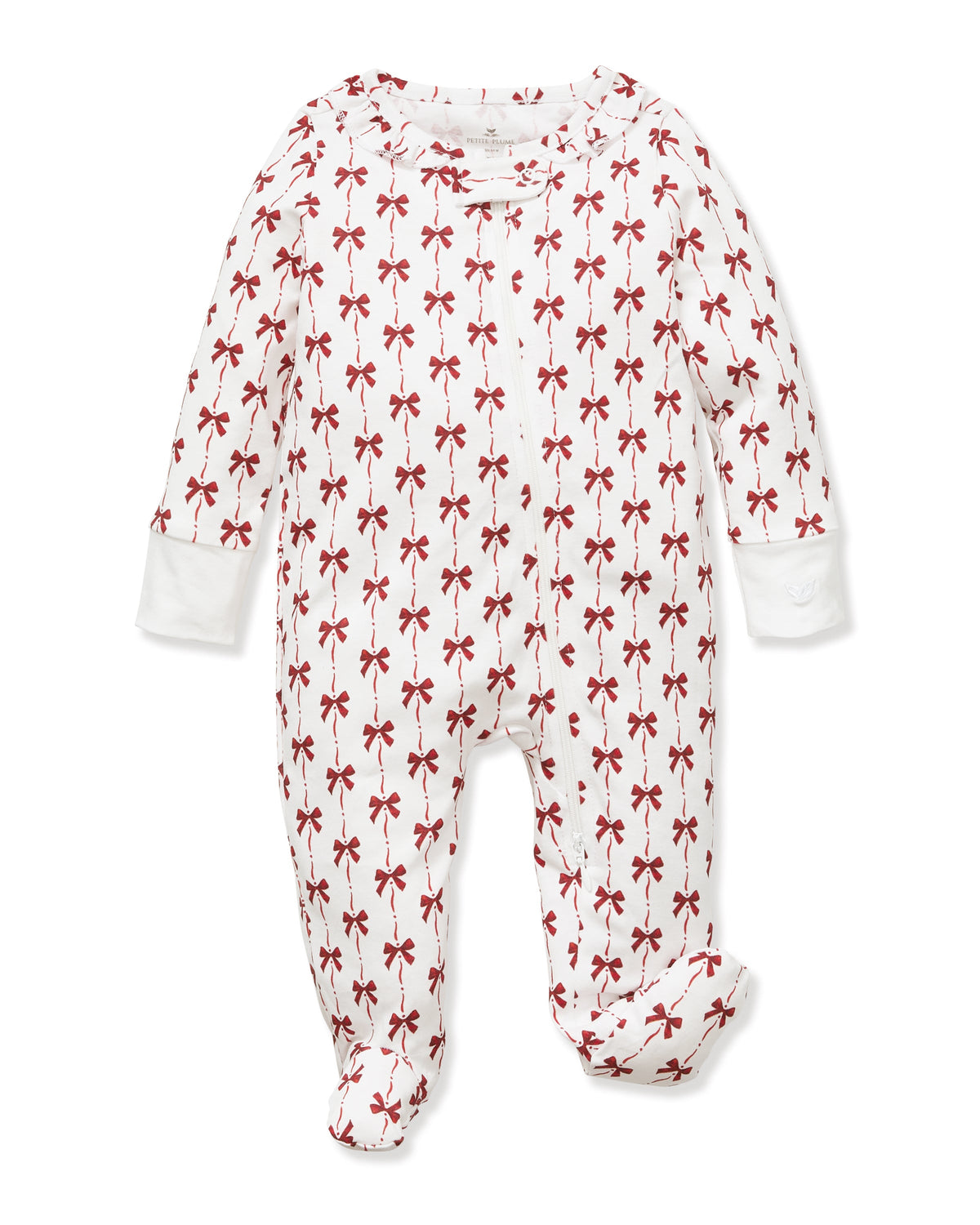 Front view of Baby’s Pima cotton footed romper showcasing red bow print, long sleeves, and fold-over cuffs on white background