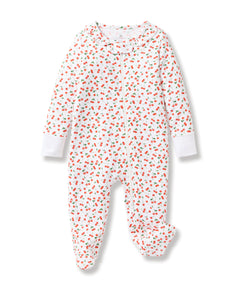 The Baby Pima Romper in Cherry Orchard by Petite Plume is a white Pima cotton onesie adorned with a vibrant print. It features long sleeves, enclosed feet, and a front zipper for added comfort and warmth.