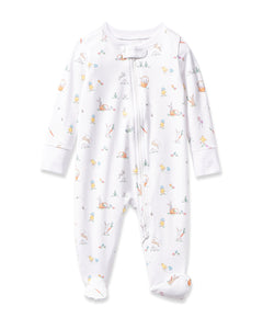 The Babys Pima Romper in Easter Frolic by Petite Plume is a white onesie featuring small animal and plant cartoon prints. Made from soft Pima cotton, it has long sleeves, footed bottoms, and a zipper from neck to leg—ideal for playful adventures!.