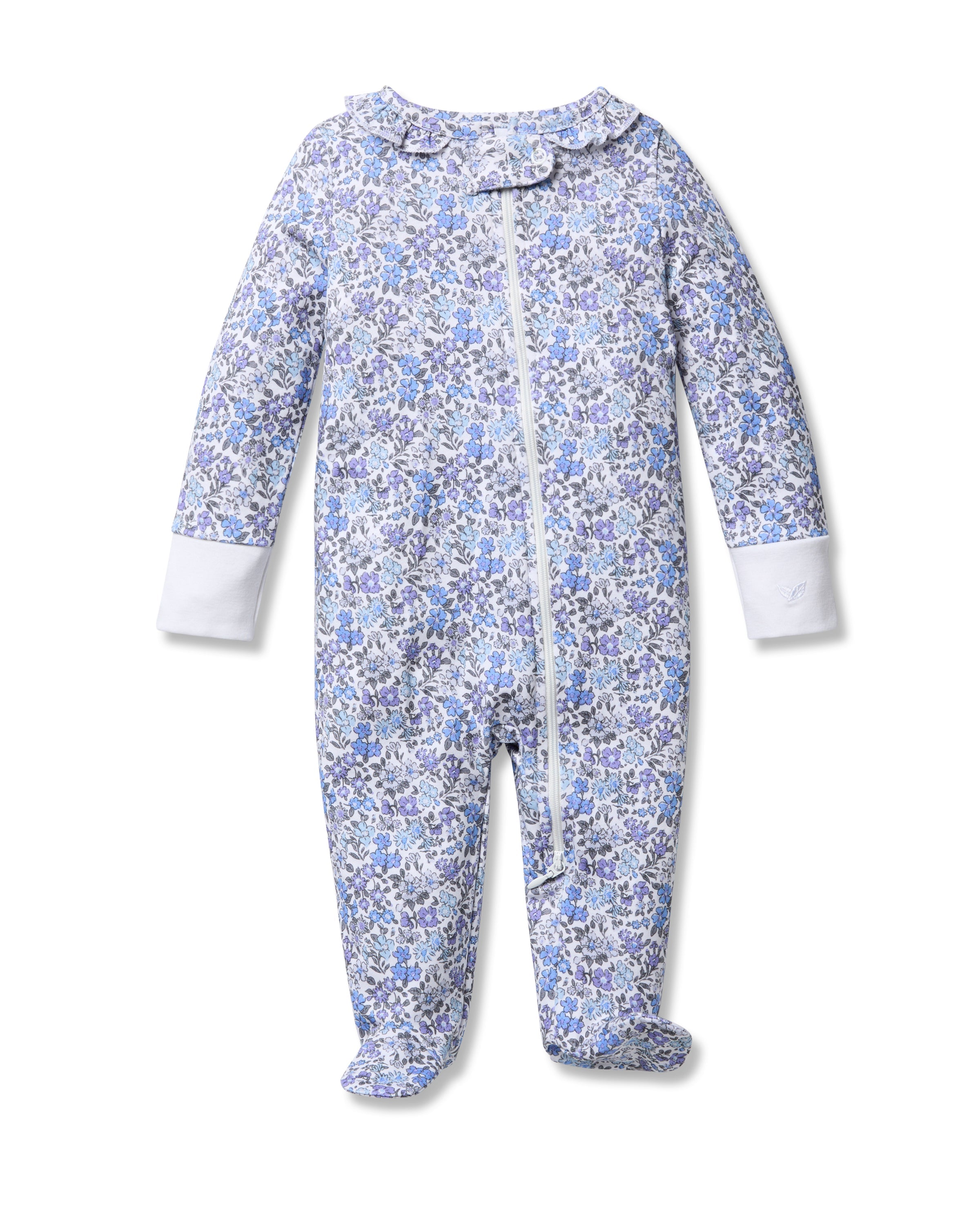 The Petite Plume Babys Pima Ruffle Collar Romper in Fleur dAzur boasts a vintage-inspired blue floral pattern on white Pima cotton. It features long sleeves, footed legs, and a front zipper for cozy comfort.