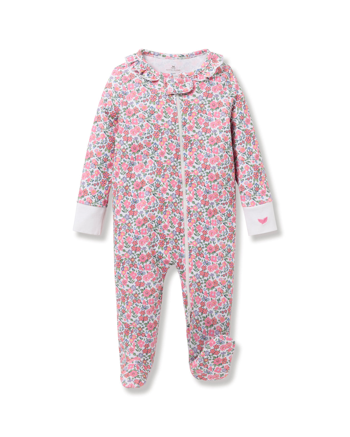 Front view of Baby’s Pima Romper in Fleurs de Rose showcasing floral print, ruffled collar, and footed legs