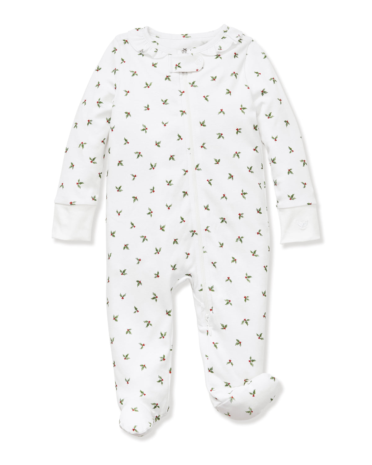 Front view of Baby’s Pima Romper in Mistletoe Moments showcasing holly print and ruffled collar on white background