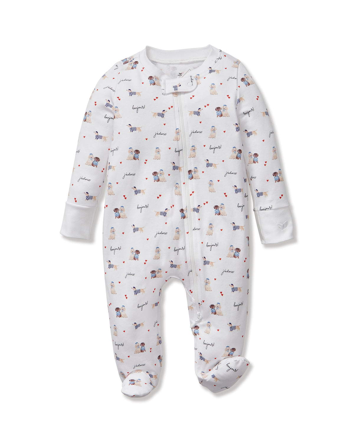 Front view of Baby’s Pima Romper in Le Woof showcasing dog and heart print, zipper, and footies on white