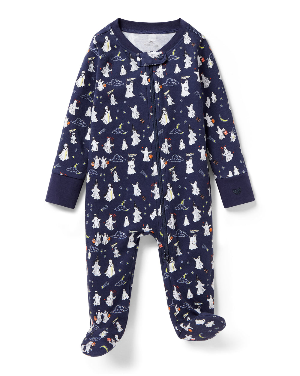 Front view of Baby’s Pima Romper in Spooky Slumber showcasing navy ghost print, long sleeves and footed legs against white