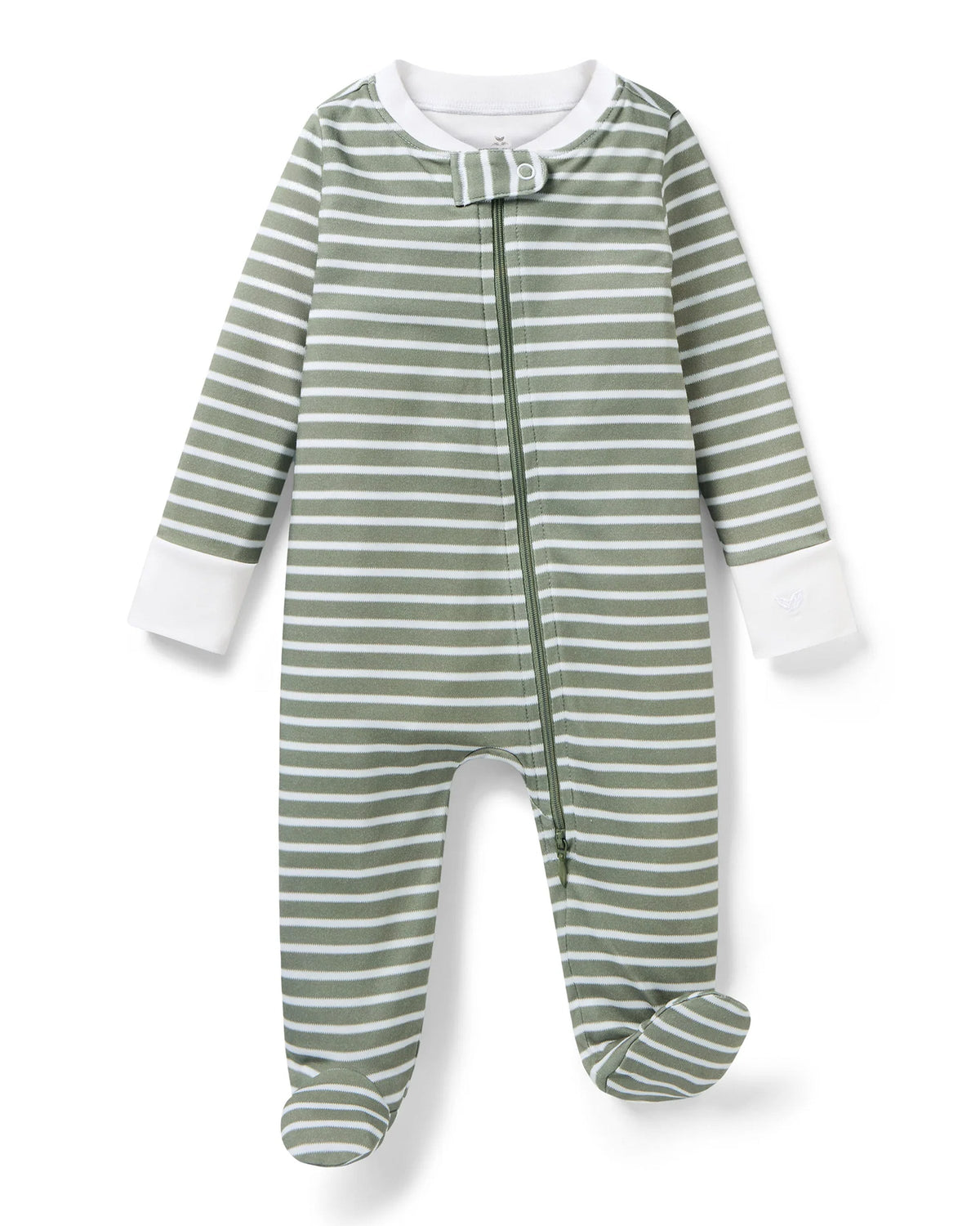 Front view of Baby’s Pima Romper in Sage Stripe showcasing long sleeves, zippered front, and convertible cuffs on a white background
