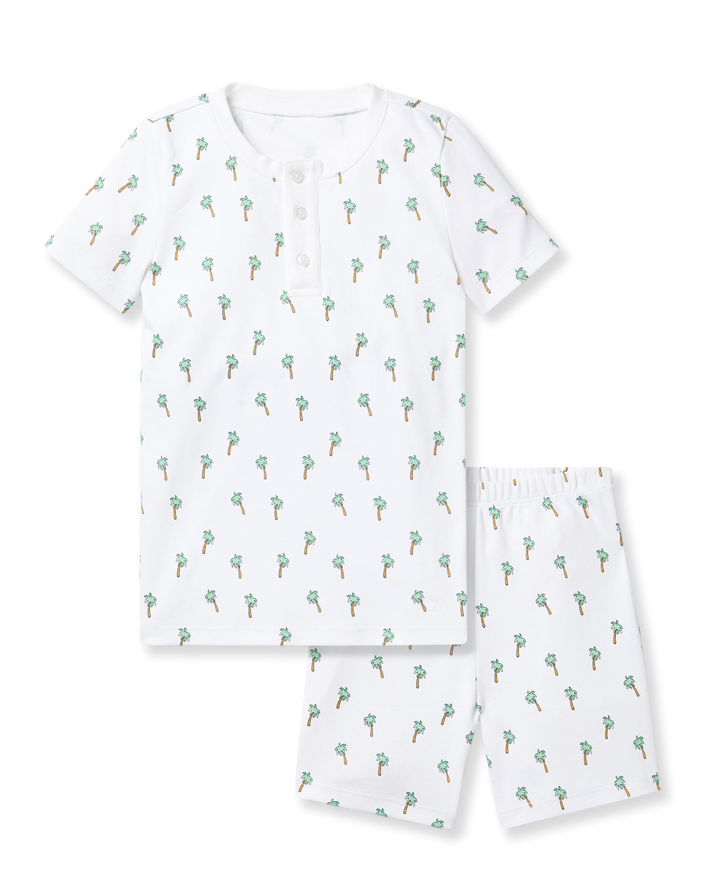 Experience unmatched comfort with the Kids Pima Snug Fit Short Set in Palmier by Petite Plume. This pajama set features a stylish palm tree pattern on a short sleeve top and shorts, blending elegance and relaxation for a perfect nights sleep.