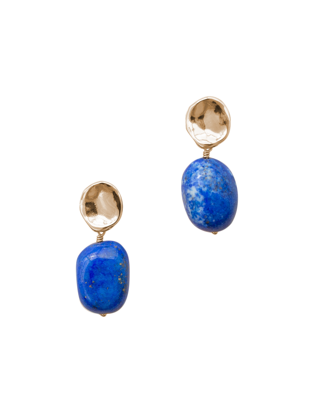 Front view of Thea earrings showcasing polished lapis lazuli drops and hammered gold-plated posts isolated on black background