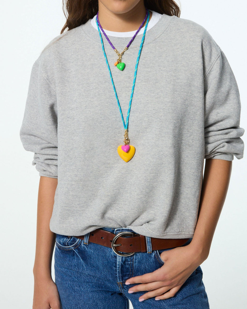 The Happy Cord Long Big Double Heart Necklace in Fields of Gold