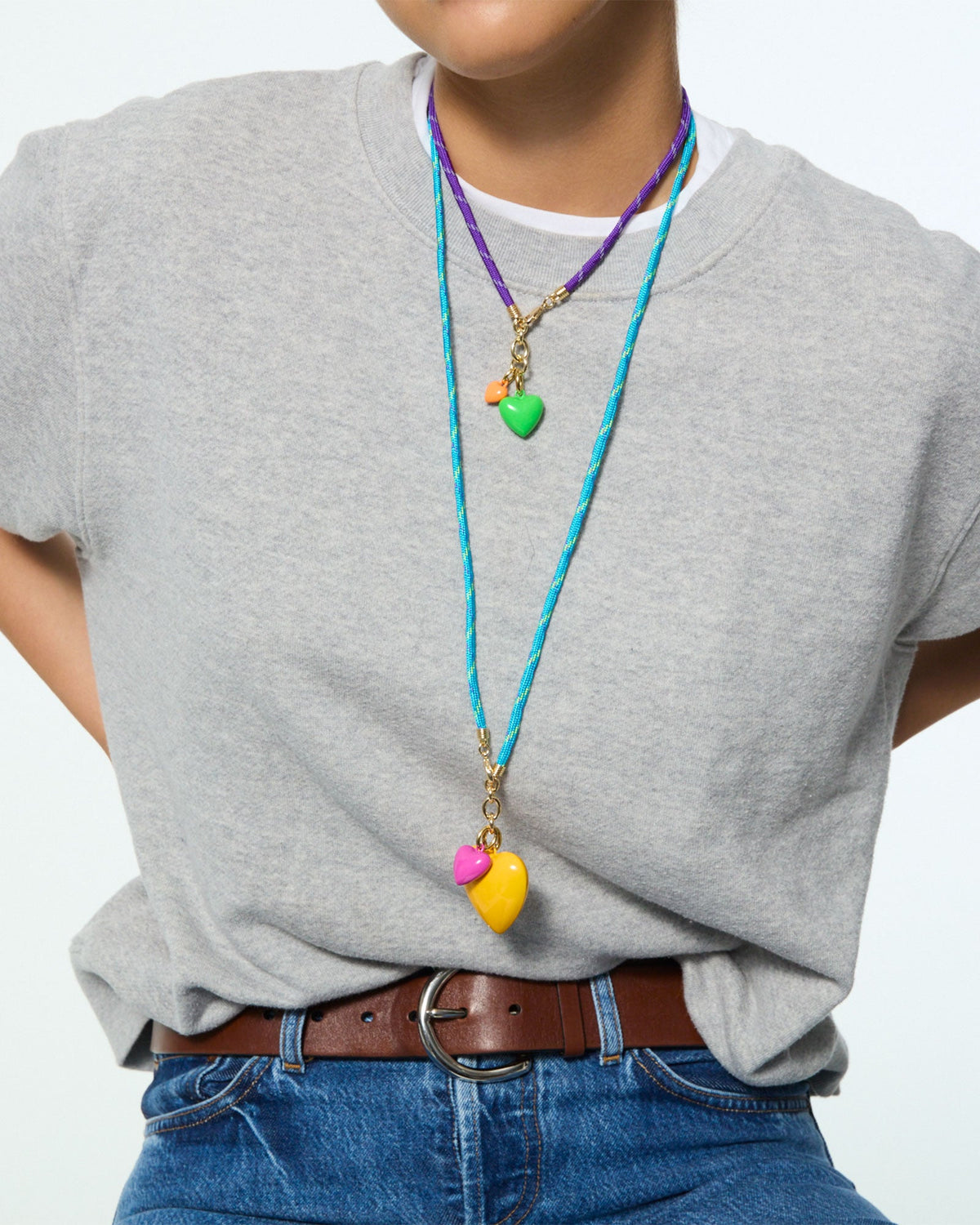 The Happy Cord Long Big Double Heart Necklace in Fields of Gold