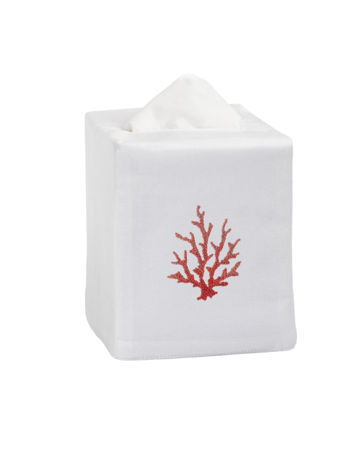 Front three-quarter view of Coral Knot Tissue Box Cover in Red showcasing hand-embroidered coral motif on white fabric