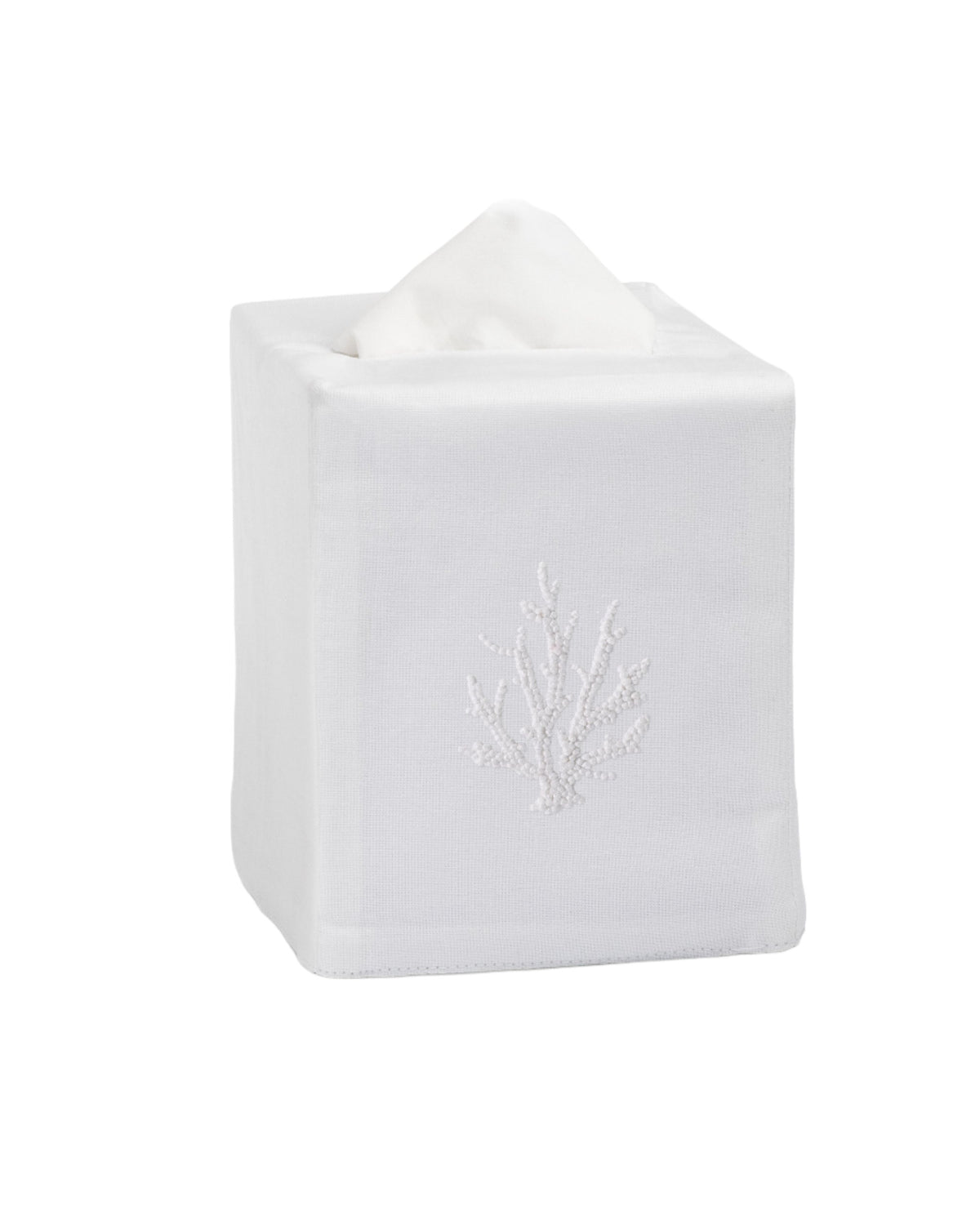 Front three-quarter view of Coral Knot Tissue Box Cover in White showcasing white coral embroidery with a white background
