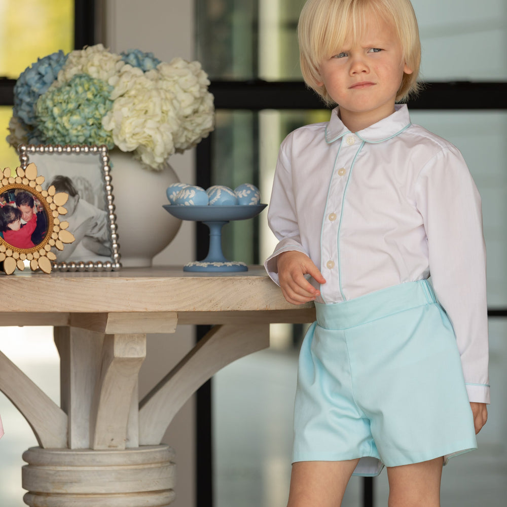 Front view of Sullivan Short Set in mid ocean mint pique showing mint shorts and shirt with mint piping