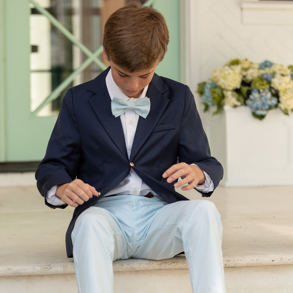 Henry Duvall Baker Bow Tie in Watercolor Seersucker, a classic pre-tied boys bow tie designed for spring and Easter outfits.