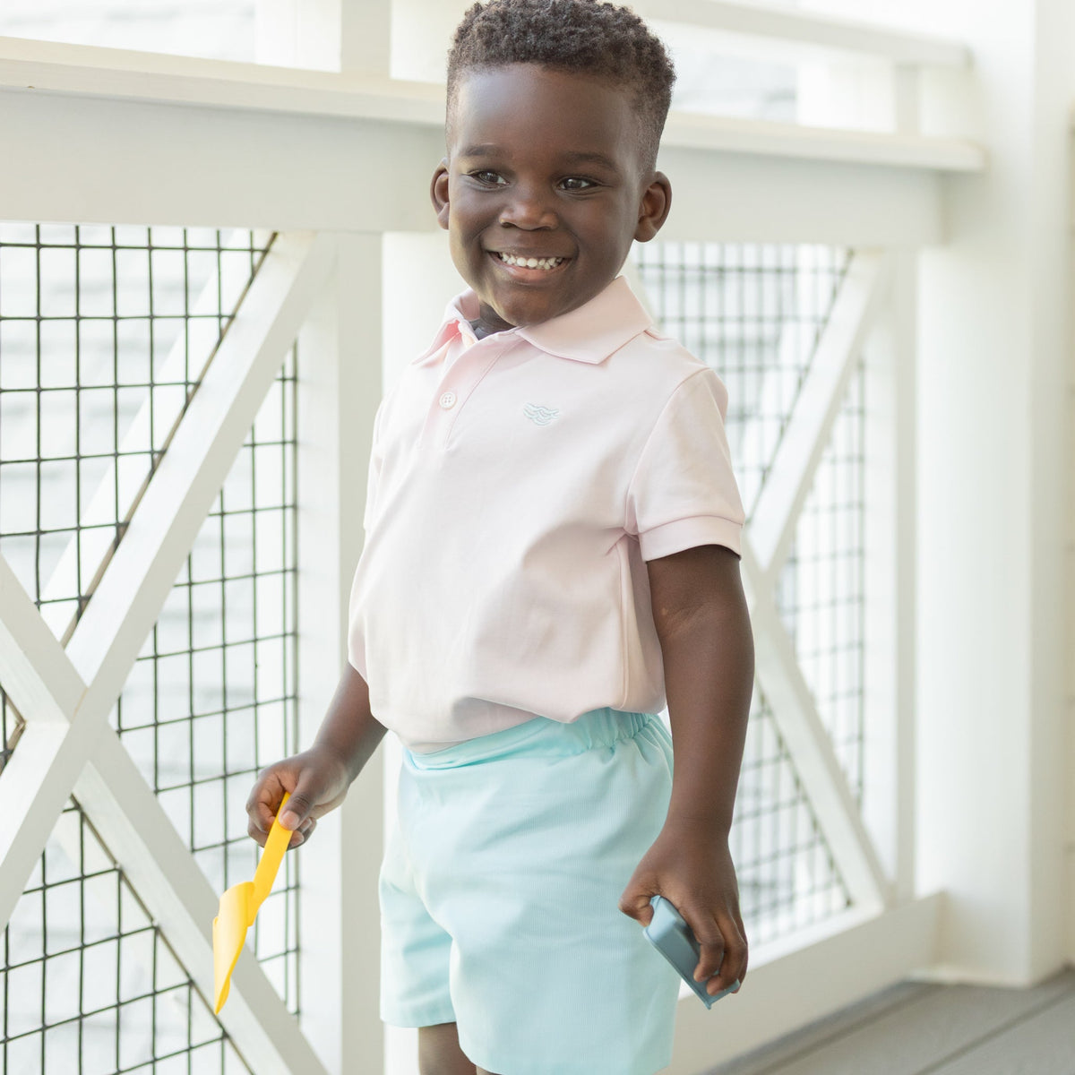 Henry Duvall Sullivan Shorts for boys in mint piqué, a classic two-piece outfit featuring a button-down shirt with rounded collar and tailored shorts.