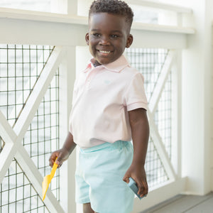 Henry Duvall Sullivan Shorts for boys in mint piqué, a classic two-piece outfit featuring a button-down shirt with rounded collar and tailored shorts.