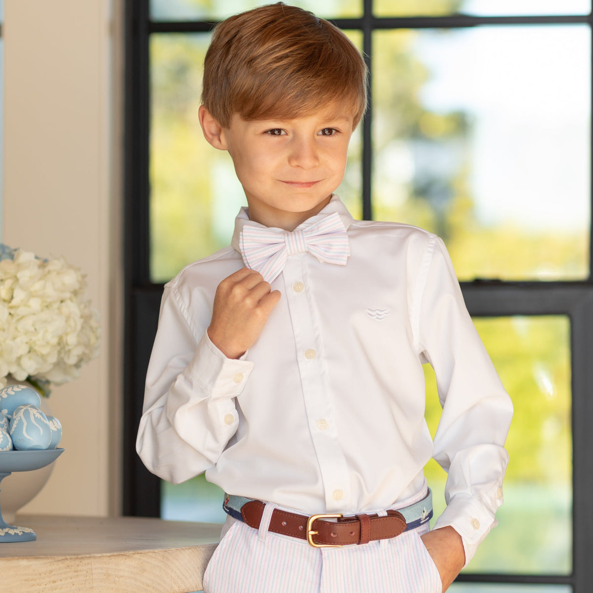 Henry Duvall Baker Bow Tie in Watercolor Seersucker, a classic pre-tied boys bow tie designed for spring and Easter outfits.