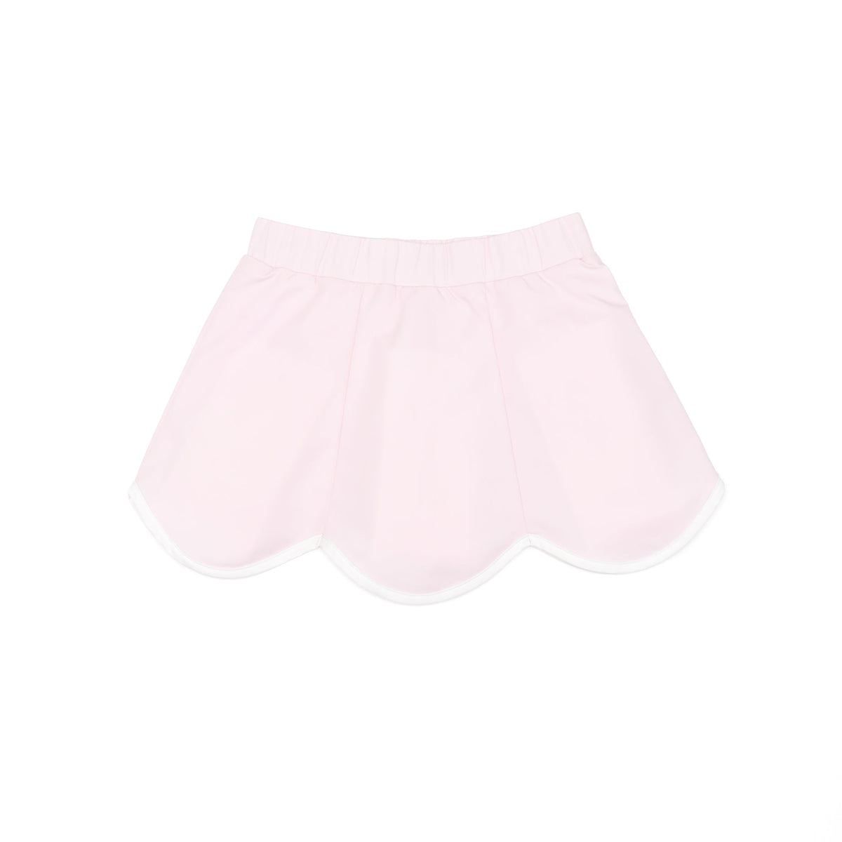 Flat lay of girls scalloped skort in Pink Sand showing scalloped hem and elastic waistband on white background