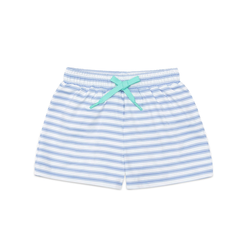 Front view of Tatum Trunks in Bay Street stripe showcasing elastic waistband and mint drawstring on white background