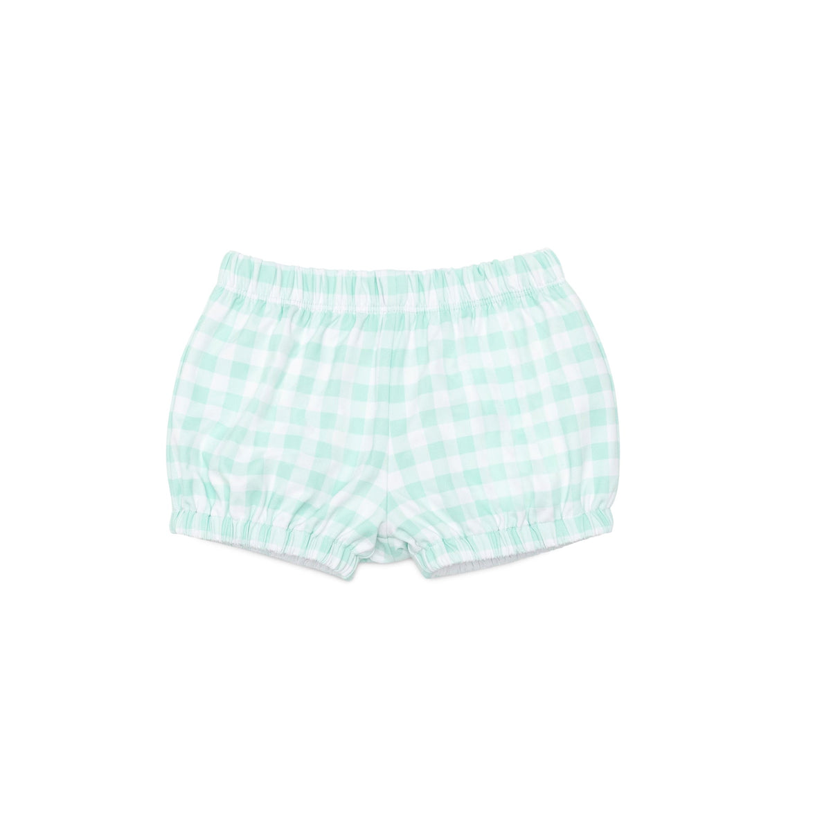 Front view of baby swim shorties in Harbour Breeze Gingham showing elastic waistband and full coverage on white background