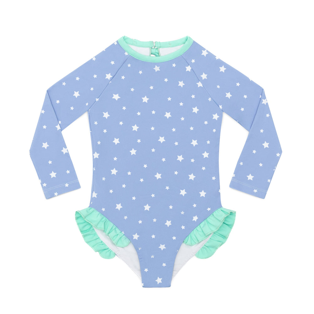 Front view of Reese rashguard one-piece swimsuit in South Shore Stars print with white stars and mint ruffle hips on white