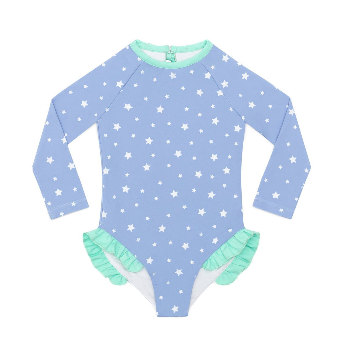 Front view of Reese rashguard one-piece swimsuit in South Shore Stars print with white stars and mint ruffle hips on white