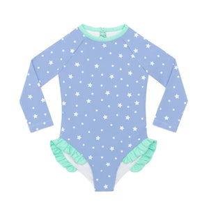 Girls’ long sleeve rashguard one piece swimsuit in Seaside Seersucker with UPF 50+ and scalloped open back, perfect for summer or beach vacations by Henry Duvall.