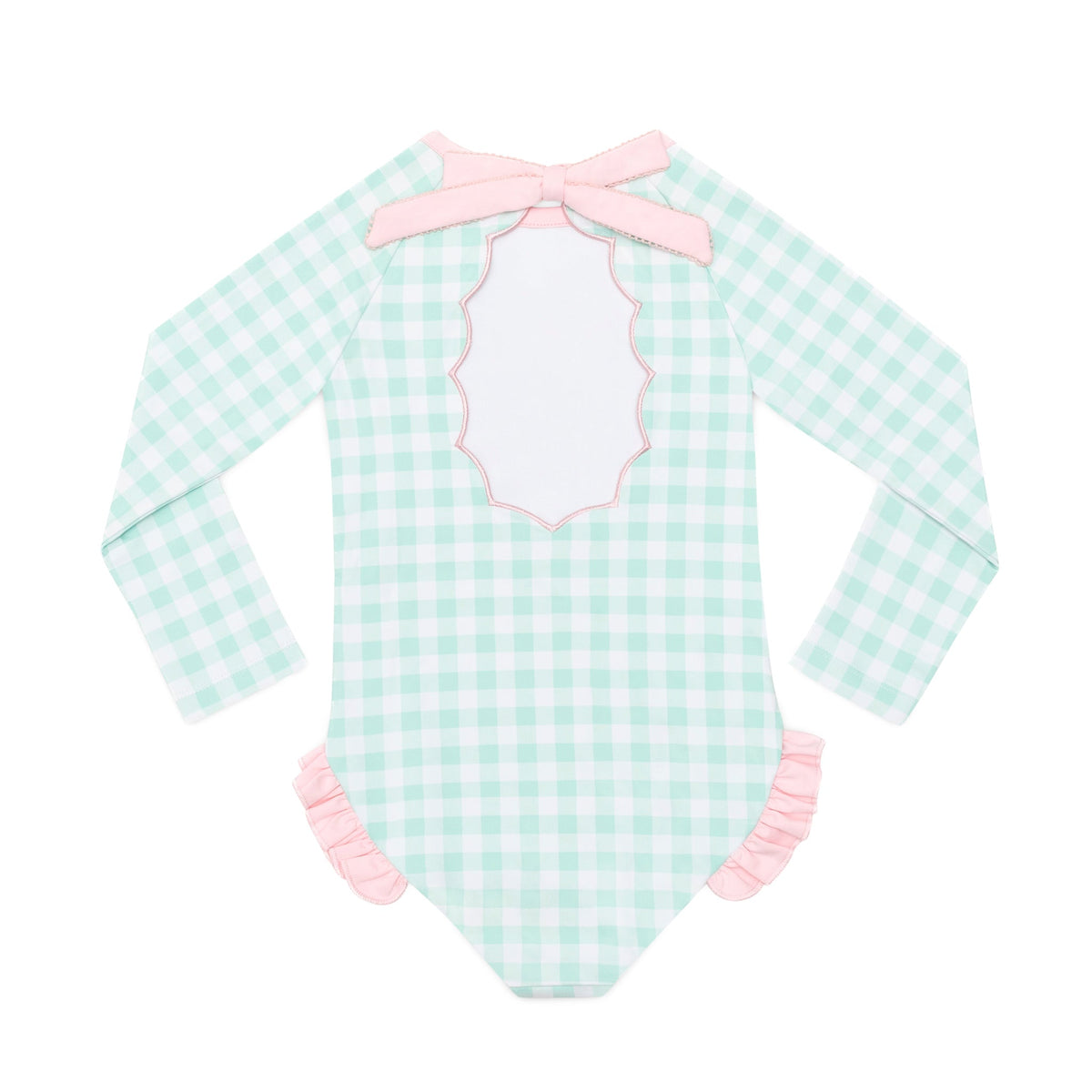 Girls’ long sleeve rashguard one piece swimsuit in Seaside Seersucker with UPF 50+ and scalloped open back, perfect for summer or beach vacations by Henry Duvall.