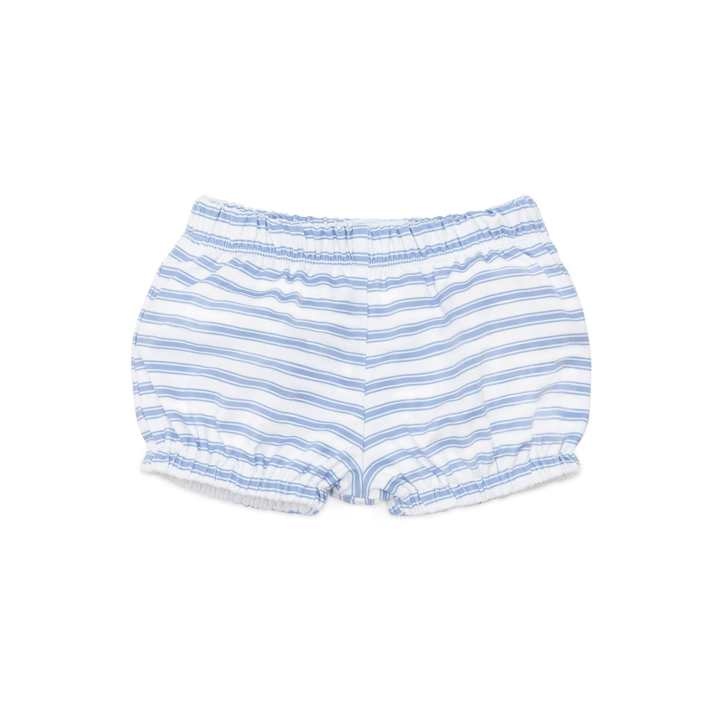 Flat lay of baby swim shorties in Bay Street Stripe showing elastic waistband and full-coverage bloomers on a white background