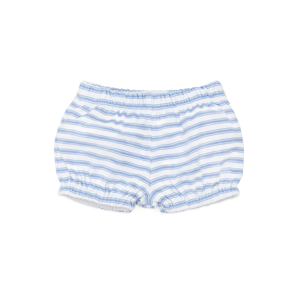 Flat lay of baby swim shorties in Bay Street Stripe showing elastic waistband and full-coverage bloomers on a white background