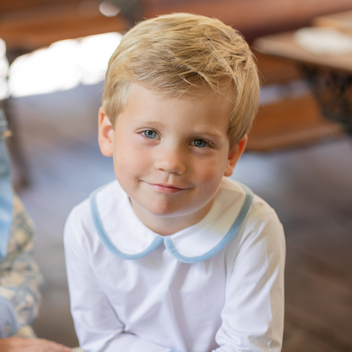 Long Sleeve Henry Peter Pan in White with Bay Tree Blue Velvet Trim