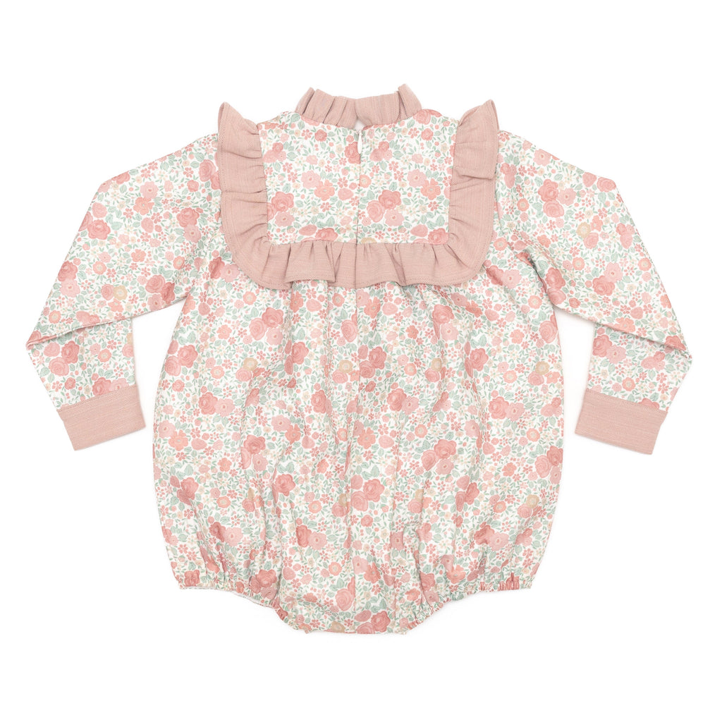 Henry Duvall Nora Bubble in Beacon Hill Blooms with Parker Pink Herringbone trim, classic fall baby girl outfit with ruffle details, traditional heirloom bubble for portraits and holidays