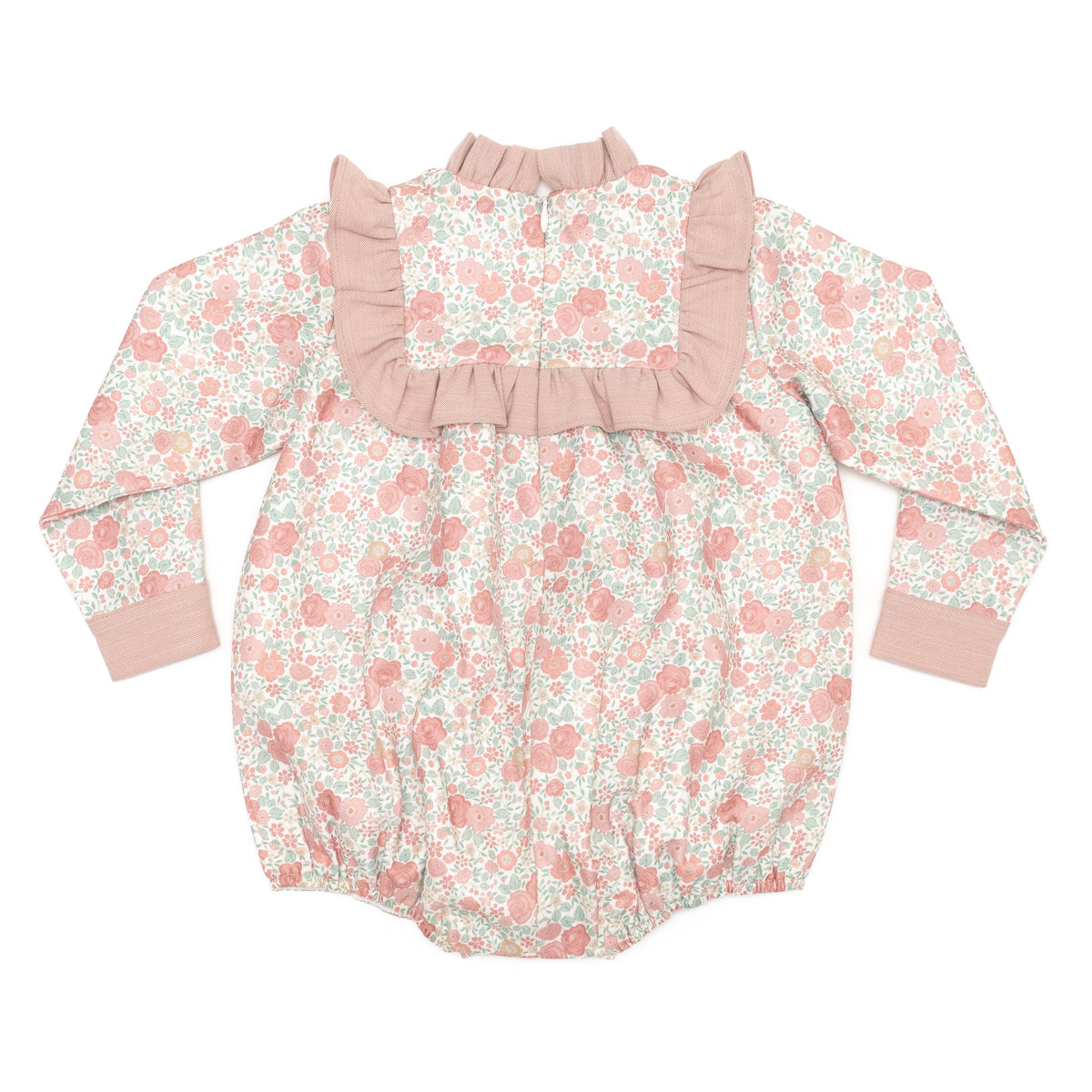 Henry Duvall Nora Bubble in Beacon Hill Blooms with Parker Pink Herringbone trim, classic fall baby girl outfit with ruffle details, traditional heirloom bubble for portraits and holidays