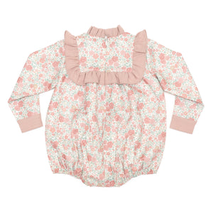 Henry Duvall Nora Bubble in Beacon Hill Blooms with Parker Pink Herringbone trim, classic fall baby girl outfit with ruffle details, traditional heirloom bubble for portraits and holidays