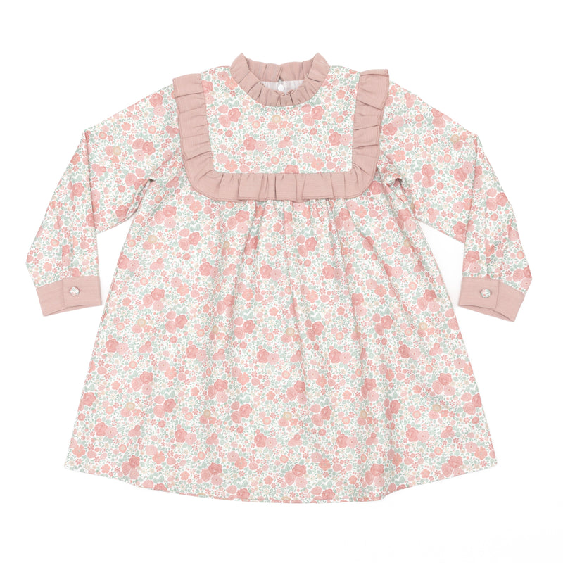 Henry Duvall Nora Dress in Beacon Hill Blooms with Parker Pink Herringbone ruffle trim, classic long sleeve holiday dress for girls, heirloom fall outfit for portraits and special occasions.