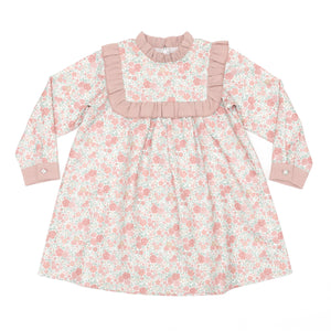 Henry Duvall Nora Dress in Beacon Hill Blooms with Parker Pink Herringbone ruffle trim, classic long sleeve holiday dress for girls, heirloom fall outfit for portraits and special occasions.