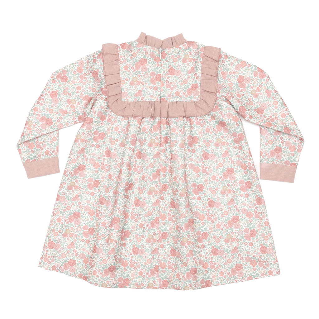 Henry Duvall Nora Dress in Beacon Hill Blooms with Parker Pink Herringbone ruffle trim, classic long sleeve holiday dress for girls, heirloom fall outfit for portraits and special occasions.