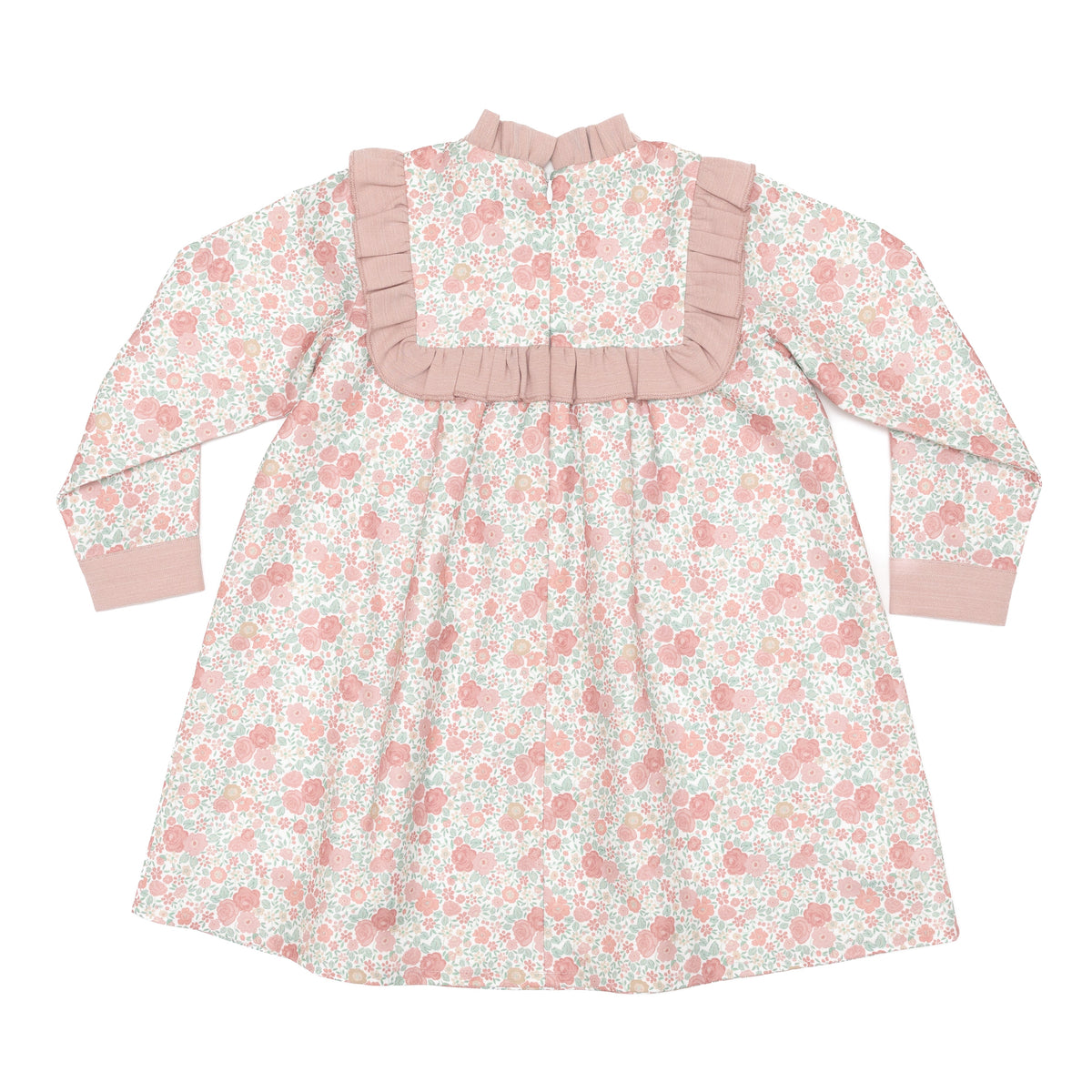 Henry Duvall Nora Dress in Beacon Hill Blooms with Parker Pink Herringbone ruffle trim, classic long sleeve holiday dress for girls, heirloom fall outfit for portraits and special occasions.