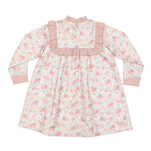 Henry Duvall Nora Dress in Beacon Hill Blooms with Parker Pink Herringbone ruffle trim, classic long sleeve holiday dress for girls, heirloom fall outfit for portraits and special occasions.