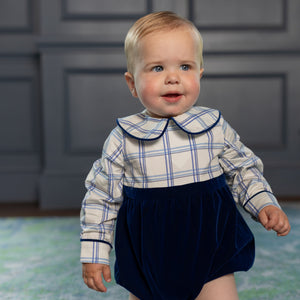 Henry Duvall Beau Bubble with Prescott Plaid top and Back Bay Blue Velvet bottom, long sleeve baby boy holiday romper with HD buttons and diaper snaps