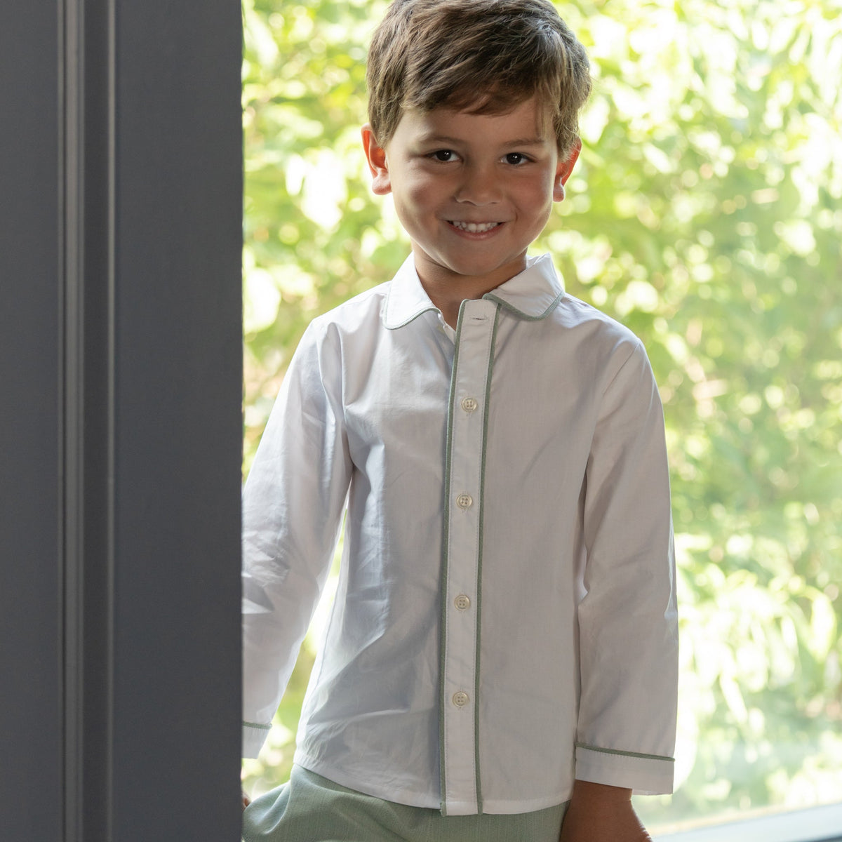 Henry Duvall Sullivan Shorts Set for toddler boys in sage herringbone, heirloom outfit with rounded collar shirt, classic English-inspired boys clothing
