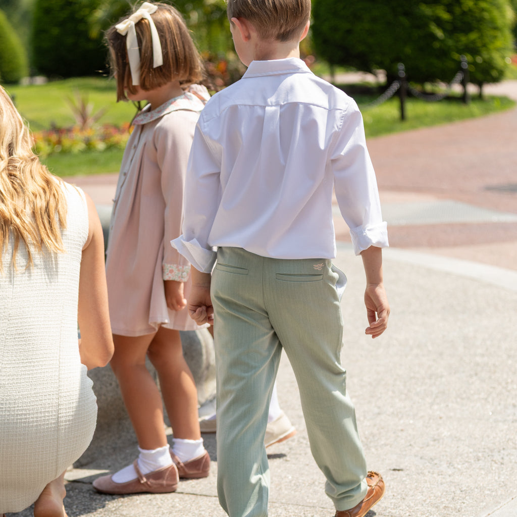 Henry Duvall Bradford Trousers for boys in sage green herringbone, classic fall and winter pants with elastic back, heirloom-inspired English heritage style