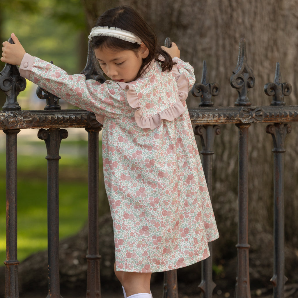 Henry Duvall Nora Dress in Beacon Hill Blooms with Parker Pink Herringbone ruffle trim, classic long sleeve holiday dress for girls, heirloom fall outfit for portraits and special occasions.