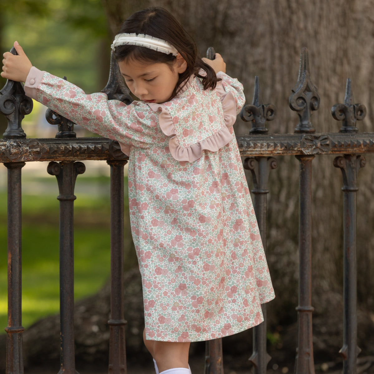 Henry Duvall Nora Dress in Beacon Hill Blooms with Parker Pink Herringbone ruffle trim, classic long sleeve holiday dress for girls, heirloom fall outfit for portraits and special occasions.