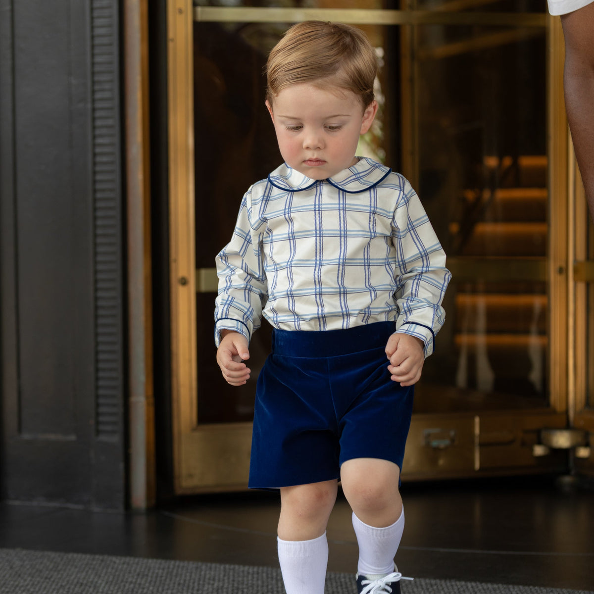 Henry Duvall Robert Shorts in Back Bay Blue Velvet, classic toddler boys fall dress shorts with flat front and elastic back, perfect for pairing with plaid shirts and sibling looks