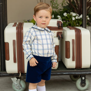 Henry Duvall Long Sleeve Henry Peter Pan Shirt in Prescott Plaid, classic boys fall shirt with Peter Pan collar and button-back, perfect for layering and coordinating sibling outfits