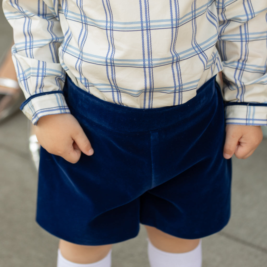 Henry Duvall Robert Shorts in Back Bay Blue Velvet, classic toddler boys fall dress shorts with flat front and elastic back, perfect for pairing with plaid shirts and sibling looks